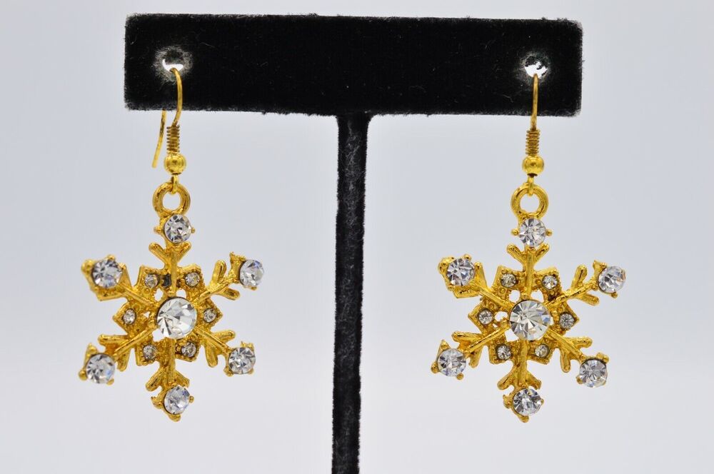 Vintage Snowflake Earrings Christmas Brushed Gold Rhinestone Crystal Shiny BinAB